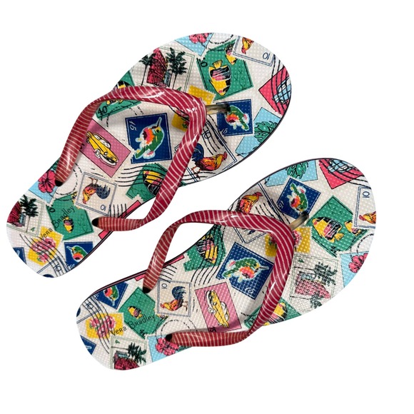 Vera Bradley Shoes - Vera Bradley Flip Flops Size 8/M Stamp Print‎ Red Stripe Straps Beach Sandals